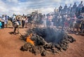 Demonstration of volcanic heat causing fire at the visitor centre, Islote de Hilario on Lanzarote, Spain