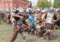 St. Petersburg, Russia - May 27, 2017: Demonstrative historical battle on the ancient weapons. Historical reconstruction of sword