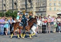 Demonstrative performance of the Kremlin school of riding on the Poklonnaya Hill of Moscow.