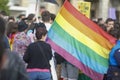 Demonstrator carrying the flag with the LGBT colors during the gay pride parade