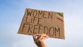 Demonstrator holding Women, Life, Freedom placard