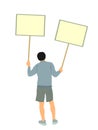 Demonstrator man protester hold banner in hands vector illustration isolated. Hand holding protest placard.