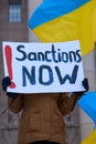 Demonstrator in a rally against RussiaÃ¢â¬â¢s military actions and occupation in Ukraine carrying sign Sanctions Now!