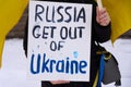 Demonstrator sign demanding Russia Get Out of Ukraine