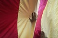 A demonstrator touch a giant estelada flag in central barcelona Royalty Free Stock Photo