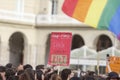 Demonstrators carrying posters during the gay pride parade