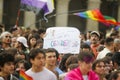 Demonstrators carrying posters during the gay pride parade