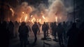 Demonstrators in the central street with protesters and flames