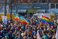 Demonstrators in downtown Braunschweig with rainbow flags at meeting against AFD party conference