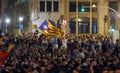 Demonstrators protesting front of Spain Police in crowded Laietana strret in Barcelona