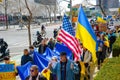 Demonstrators protesting in the streets of New York to show solidarity for Ukraine