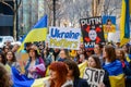 Demonstrators protesting in the streets of New York to show solidarity for Ukraine