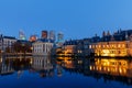 Den Haag, Netherlands - Circa 2019 : Binnenhof Dutch Parliamentary building and De Mauritzhuis Art Gallery at dusk