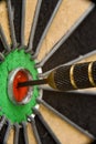 Den Helder, Netherlands. August 2022. Close up of a dart in the bullseye ye of the dartboard. Royalty Free Stock Photo