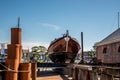 Den Helder, the Netherlands. 7 July 2021. Historic flatboat on the slipway at the shipyard in Den Helder.