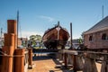 Den Helder, the Netherlands. 7 July 2021. Historic flatboat on the slipway at the shipyard in Den Helder.