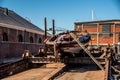 Den Helder, the Netherlands. 8 july 2021. Historic flatboat on the slipway at the Willemsoord shipyard in Den Helder