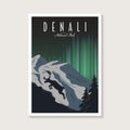 Denali National Park poster illustration, beautiful aurora on the mountain scenery poster