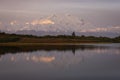 Denali at sunrise in Fall color near reflection pond, Denali NP, Alaska, U.S.A