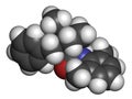 Denatonium bittering agent molecule. 3D rendering. Atoms are represented as spheres with conventional color coding: hydrogen (