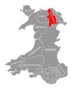 Denbighshire red highlighted in map of Wales Royalty Free Stock Photo