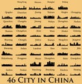 Set of 46 City silhouettes in China ( Hong Kong, Shenzhen, Shanghai, Beijing, Xian, Hefei, Qingdao )