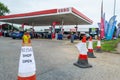 DENHAM, ENGLAND - 25 September 2021: `NO FUEL - SHOP OPEN` sign at an Esso petrol station amid England fuel shortage