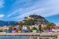 Denia Spain historic castle with colourful houses and mountain
