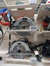 DENIA, SPAIN - October 5, 2025. Display of circular saws in a hardware store in Spain showcasing various models and prices Royalty Free Stock Photo