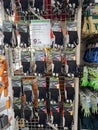 DENIA, SPAIN - October 5, 2025. Selection of nylon work gloves on display in a store in Spain, showcasing various styles and Royalty Free Stock Photo