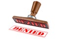 Denied stamp. Wooden stamper, seal with text denied, 3D rendering Royalty Free Stock Photo