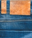 Denim background. Blue jeans with a brown leather label empty space Royalty Free Stock Photo