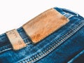 Denim background. Blue jeans with a brown leather label empty space Royalty Free Stock Photo