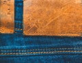 Denim background. Blue jeans with a brown leather label empty space Royalty Free Stock Photo