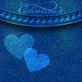 Denim background with hearts. Valentines day greeting card. 3d realistic elements of love for text design in vector