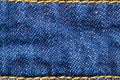 Denim background texture. Close-up of blue jeans fabric frame with simple yellow seam at the top and bottom. Large copy space for Royalty Free Stock Photo