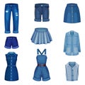 Denim Blue Clothing Items as Womenswear with Denim Shorts and Jeans Vector Set