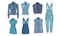 Denim Blue Clothing Items as Womenswear with Denim Vest and Jumpsuit Vector Set