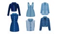 Denim Blue Clothing Items as Womenswear with Denim Jacket and Dress Vector Set