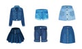 Denim Blue Clothing Items as Womenswear with Denim Jacket and Skirt Vector Set Royalty Free Stock Photo