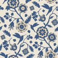 Denim blue flowers and hummingbirds silhouettes seamless pattern. Indian floral style pattern. Royalty Free Stock Photo
