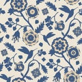 Denim blue flowers and hummingbirds silhouettes seamless pattern. Indian floral style pattern.