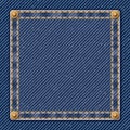 Denim blue jean textile pattern background with gold seams, crease and brass pins frame vector illustration