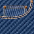 Denim blue jean textile pattern on square background with pocket, gold seams, crease and brass pins vector illustration