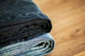 Denim blue jeans stack texture background closeup. Royalty Free Stock Photo