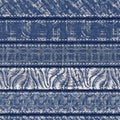 Denim blue patchwork stripe woven texture. Washed out vintage printed cotton textile effect. Patched jean home decor