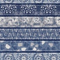 Denim blue patchwork stripe woven texture. Washed out vintage printed cotton textile effect. Patched jean home decor