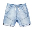 Denim blue shorts with the effect of frayed isolated on a white background.Shorts with elastic waistband and adjustable drawstring Royalty Free Stock Photo