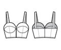 Denim bustier top technical fashion illustration with thin straps, zip-up closure, cups, slim fit, crop length bra