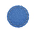 Denim circle shape with stitches. Torn jean patch with seam. Vector realistic illustration on white background